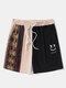 Mens Ethnic Geometric Smile Embroidered Patchwork Corduroy Shorts - Khaki