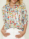 Women Floral Dot Print Lapel Long Sleeve Button Casual Shirt - White