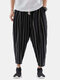 Mens Cotton Linen Elastic Waist Loose Stripe Pants - Black White