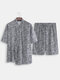 Men Kimono Robe Pajamas Set Water Pattern Print Loose Breathable Japanese Bathrobe Loungewear - Navy