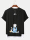 Mens Solid Color Cartoon Cat Print Breathable Loose O-Neck T-Shirts - Black