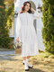 Solid Lace Stitch Pleated Long Sleeve Crew Neck Casual Dress - White
