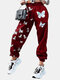 Butterfly Print High Waist Casual Pants For Women - Wine Red