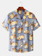 Mens Cartoon Dog Print Revere Collar Cute Short Sleeve Shirts - Blue