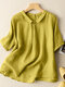 Women Solid Loose Short Sleeve Lapel Casual Blouse - Yellow