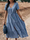 Women Drawstring Solid Color Button Short Sleeve V-neck Bohemian Dress - Blue