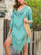 Women Crochet Tassel V-Neck Solid Color Pullover Cover Up Swimsuit - Blue