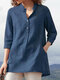 V-neck Button Long Sleeve Casual Plus Size Shirt - Blue
