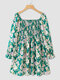 Flower Print Shirred Square Collar Long Sleeve Dress - Green