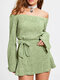 Solid Color Off-shoulder Tie Waist Long Sleeve Mini Dress For Women - Green