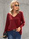 Solid Drawstring Back V-neck Long Sleeve Women T-shirt - Red