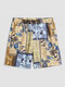 Men Paisley Pattern Stitching Vintage Style Multi Pockets Water Resistant Drawstring Board Shorts - Beige