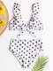 Women High Waist Bikini Polka Dot Tie Front Flounce Sleeves Swimwear - White
