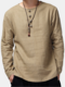 Mens Cotton Vintage Solid Loose Long Sleeve Henley Shirts - Khaki