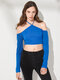 Solid Halter Backless Tie Back Sexy Long Sleeve Crop Top - Blue
