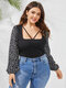 Plus Size Spotted Print Patchwork Long Sleeve Square Neck T-Shirt - Black