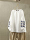 Vintage Embroidery Long Sleeve Plus Size Blouse - White