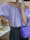 Strukturierte, einfarbige, schulterfreie Damen Bluse mit Puffärmeln - lila