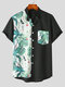 Herren-Patchwork-Stehkragenhemd mit tropischem Pflanzendruck - Schwarz