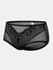 Plus Size Women Solid Mesh See Through Lace Breathable Mid Waisted Panties - Black