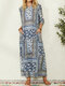 Ethnic Floral Print 3/4 Sleeve V-neck Vintage Maxi Dress For Women - Blue