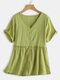 Casual Solid Color Button Short Sleeve Pleated V-neck T-Shirt - Green