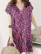 Geo Print Ruffle V-Neck Tulip Short Sleeve Casual Midi Dress - Pink