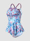 Women Floral Print Ruffle Trim Knotted Back Hollow Holiday Bikinis Swimsuits - Blue