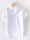 Mens Cotton Linen Stand Collar Slim Fit Short Sleeve Henley Shirt - White