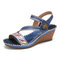 SOCOFY Handmade Leather Ankle Strap Stitching Mid Heel Wedge Sandals - Blue