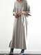 Women Solid Color O-neck Casual Dress With Pocket - Gray