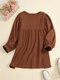 Solid Color Back Button Up Puff Sleeve Round Neck Blouse - Coffee