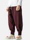 Mens Winter Wild Chinese Style Casual Soild Color Drawstring Thick Harem Pants - Wine Red
