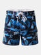 Men Floral Print Drawstring Board Short Soft Mesh Liner Swim Trunk With Pocket - Blue
