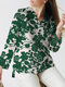 Langärmlige Bluse mit V-Ausschnitt und geschlitztem Saum mit Pflanzenmuster - Grün
