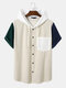 Mens Corduroy Patchwork Button Up Short Sleeve Hooded Shirts - Apricot