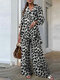 Women Leopard Print Lapel Button Front Long Sleeve Co-ords - Dark Gray