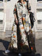 Vintage Floral Printed Big Swing Long Sleeve Pure Cotton Dress - Yellow