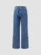 Solid Pocket Zip Front Button Straight Leg Denim Jeans - Blue