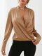 Women Crossed Front Deep V-neck Long Sleeve Casual Blouse - Brown