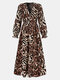 Women Leopard Print Deep V Neck Long Sleeve Sexy Dress - Coffee