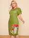 Print Puff Sleeve Plus Size Casual Midi Dress - Green