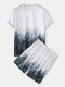 Mens Forest Landscape Print Crew Neck Casual Two Pieces Outfits With Drawstring Shorts - White