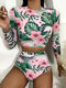 Women Plant Print Zip Back Long Sleeve High Waisted Bikinis Swimsuit - Pink