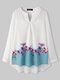 Floral Print Button Half Open Collar Casual Blouse Long Sleeve Shirt - White