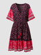 Plus Size Button Bowknot Print Sexy Dress - Red