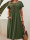 Women Solid Pleated Crew Neck Double Pocket Casual Dress - Army Green