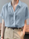 Solid Button Lapel Roll Sleeve Short Sleeve Casual Shirt - Blue