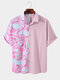 Men Tie Dyed Paisley Patchwork Two Tone Lapel Graceful Street Shirt - Pink