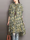 Floral High-low Button Long Sleeve Stand Collar Vintage Dress - Yellow